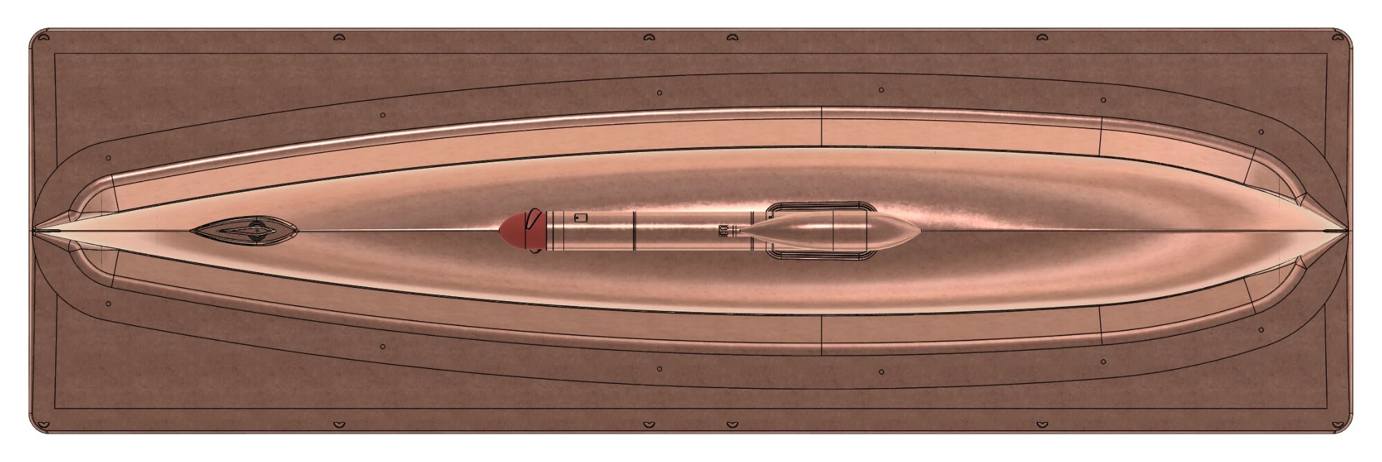 View from below: hull, keel bulb and thruster