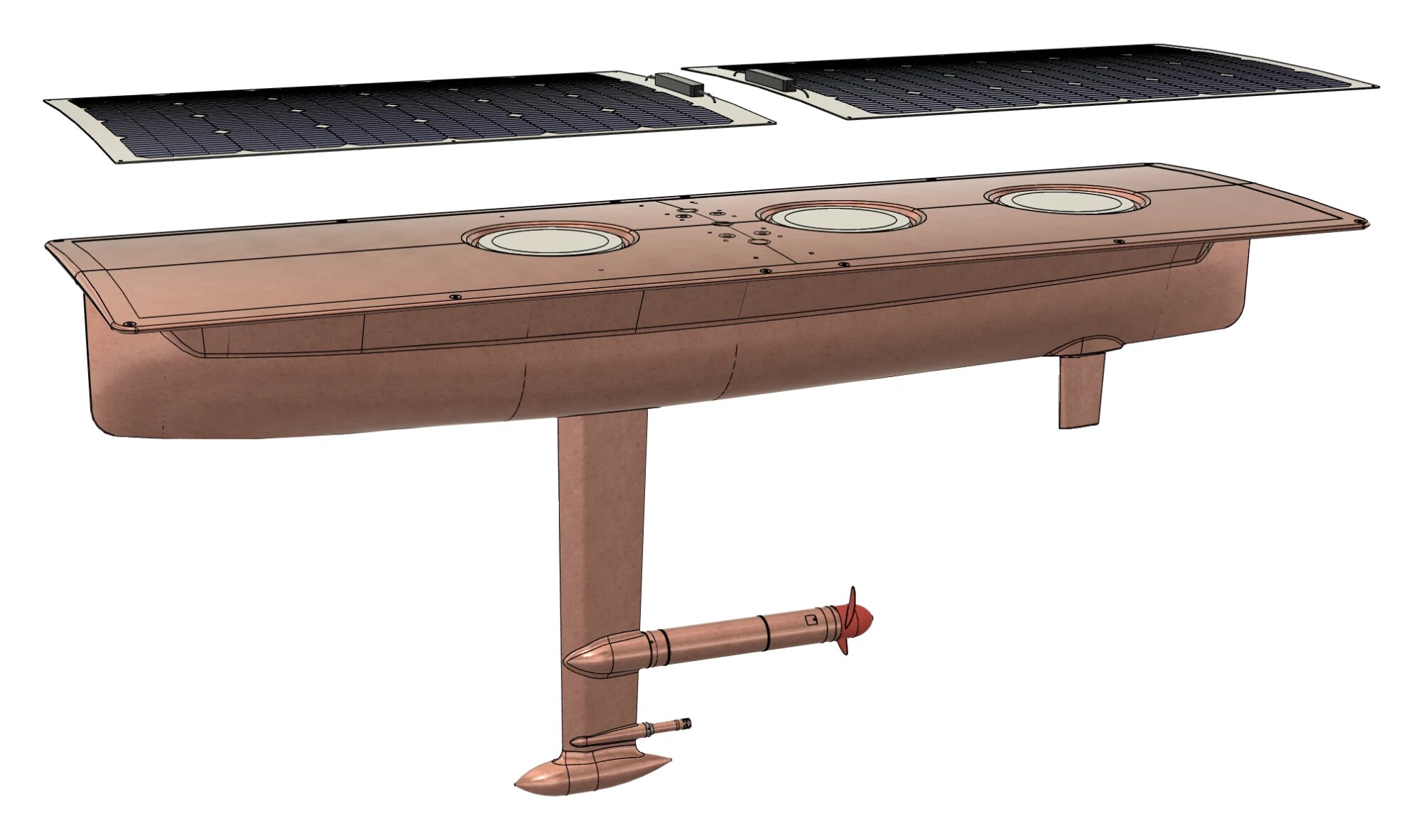 Exploded view: the two solar panels lifted off the deck, revealing three round access hatches