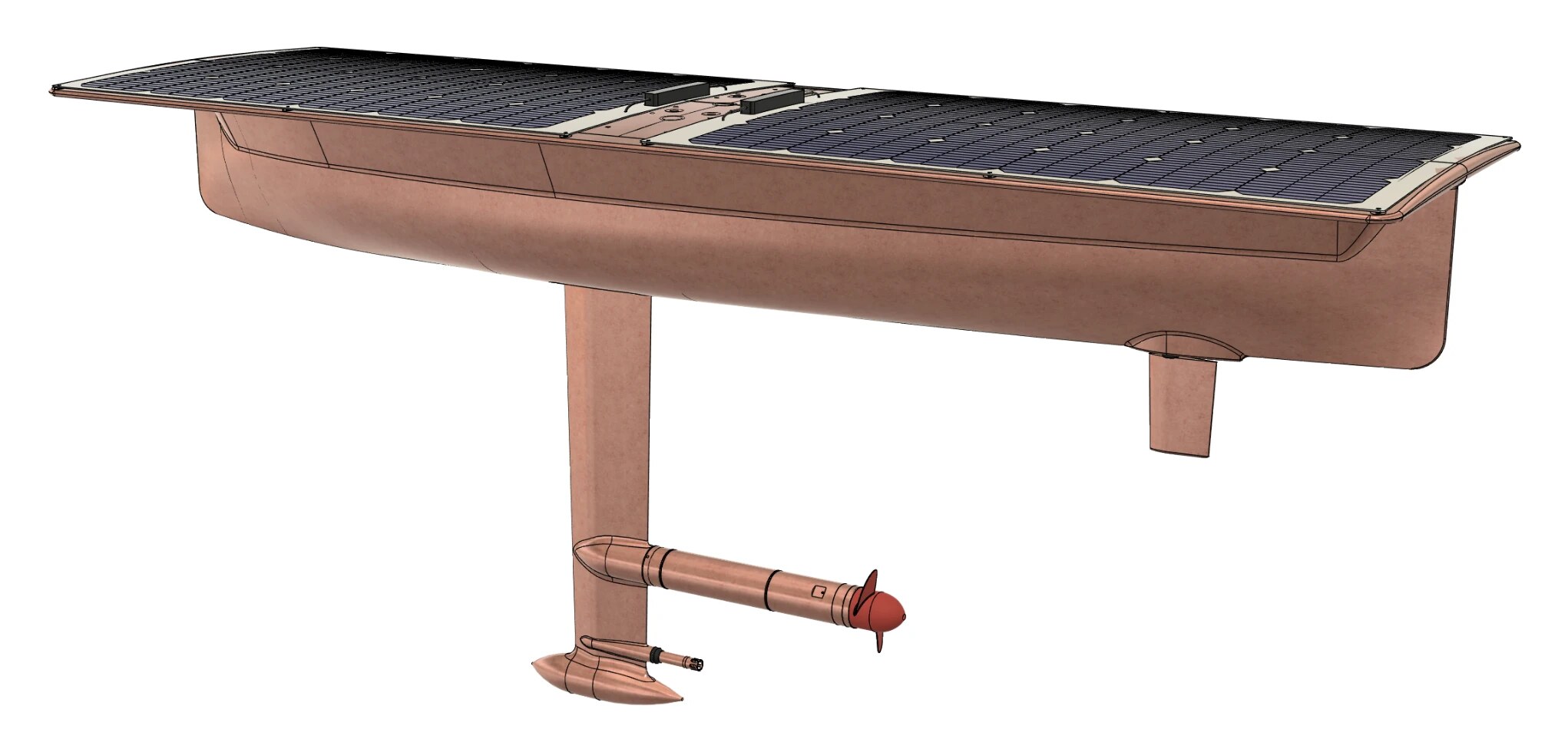 Rendering of the boat from slightly behind: solar deck, keel with lead bulb, thruster and rudder