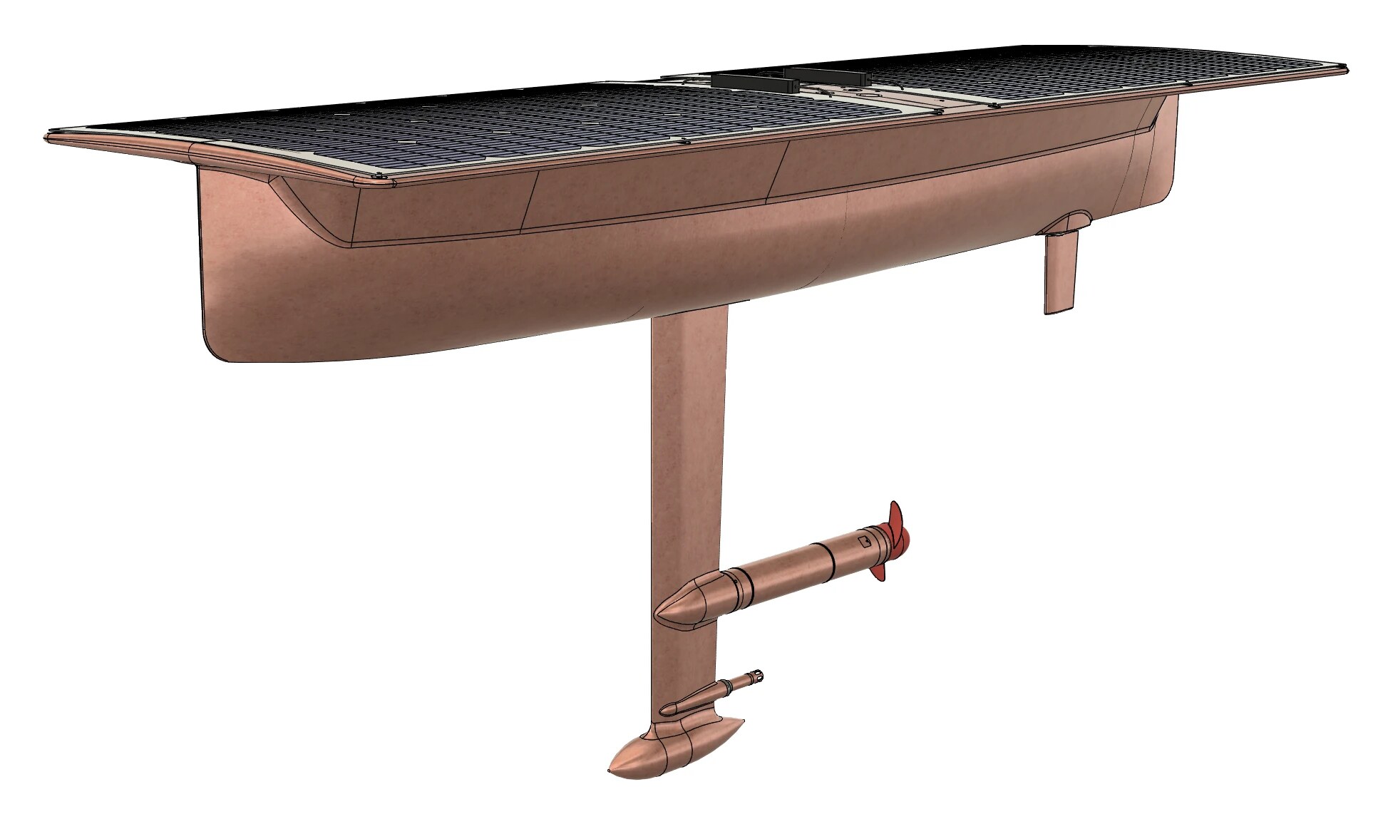 Rendering of the boat from an angle: deck with two solar panels, keel with lead bulb, thruster and rudder